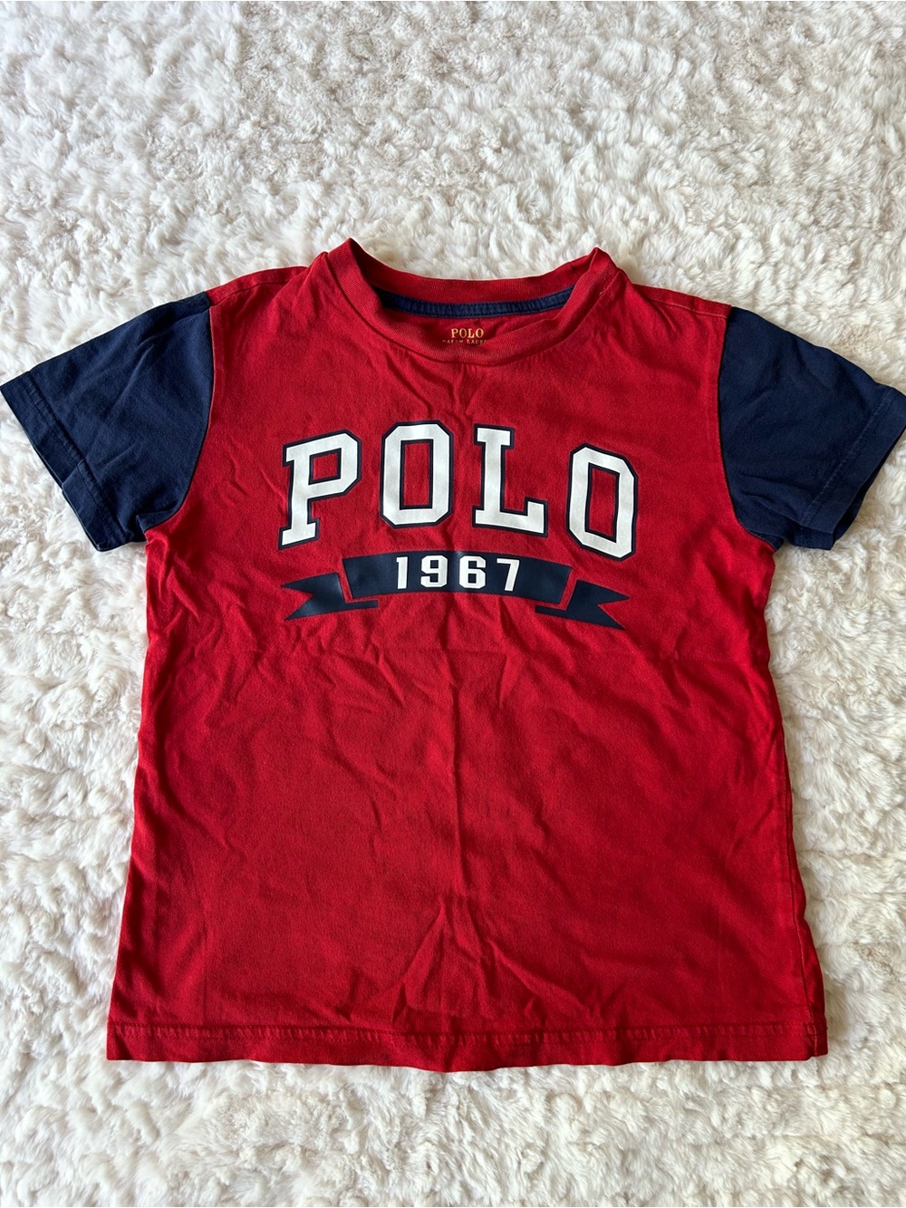 Polo by Ralph Lauren Red Tee with Navy Sleeves and 'POLO 1967' Graphic